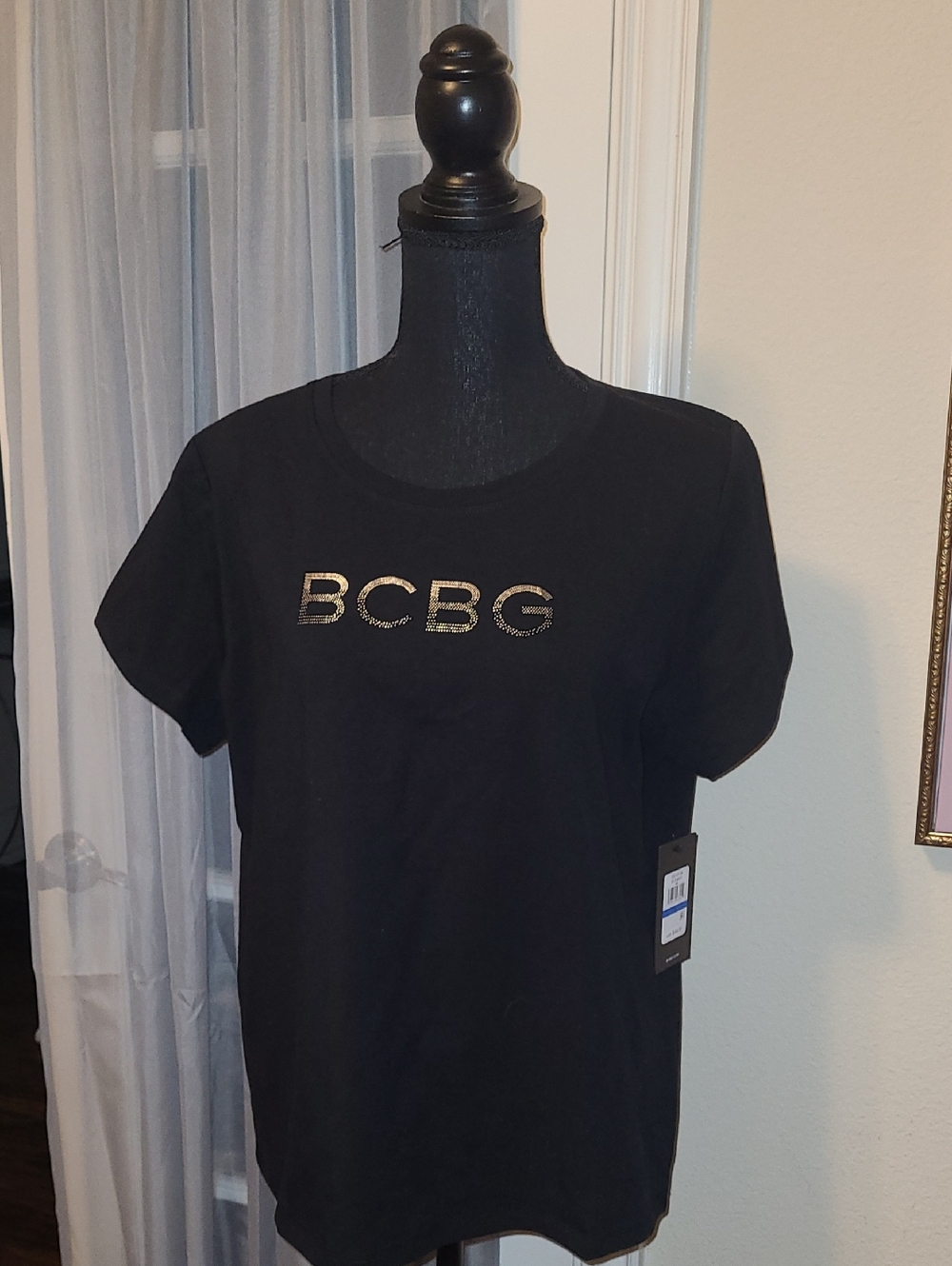 BCBG Black Tee with Metallic Silver Logo - Size XL